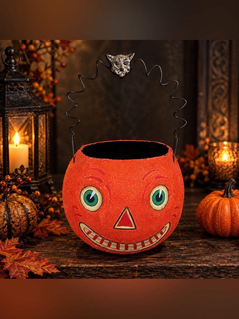 Vtg Dept. 56 Halloween Pumpkin Face Candy Bucket Papier Mâché 1990s READ